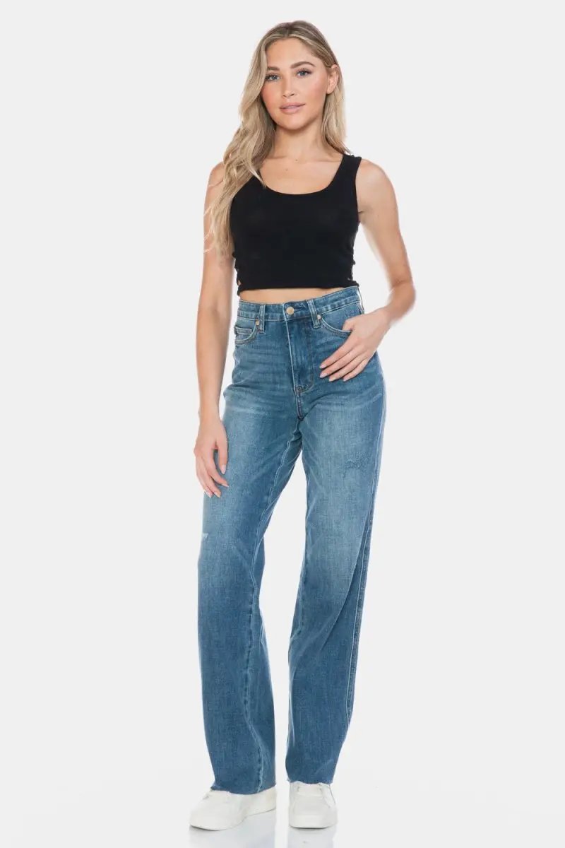 Judy Blue Full Size Tummy Control Cut Raw Hem Straight Jeans - Love Salve